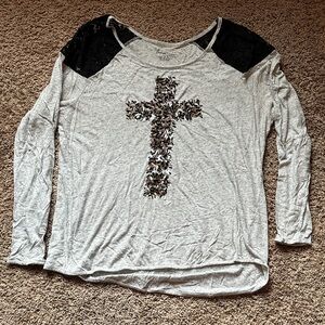 Lane Bryant Gray Top with Black Lace and Sequin Cross